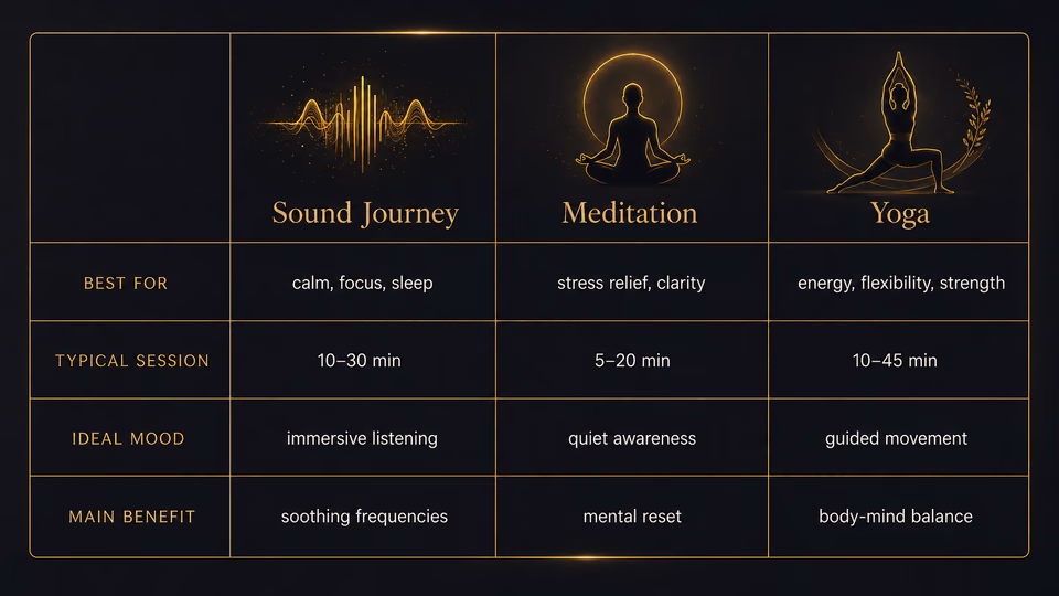Comparison chart for Sound Journey, Meditation, and Yoga