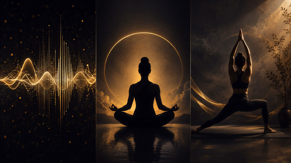 Three mindful wellness practices shown as sound waves, meditation, and yoga