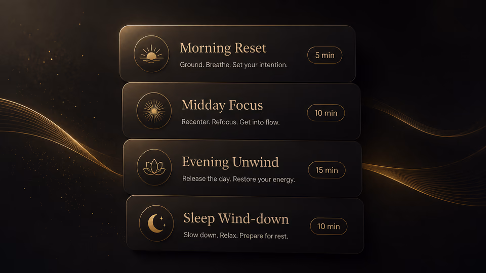 Routine cards for Morning Reset, Midday Focus, Evening Unwind, and Sleep Wind-down