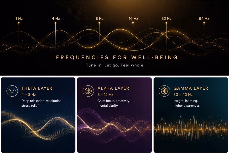 Illustrated frequency spectrum with theta, alpha, and gamma layer cards