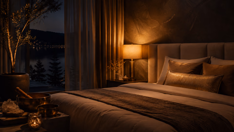 Warm candlelit bedroom with singing bowls and a quiet lake view at night