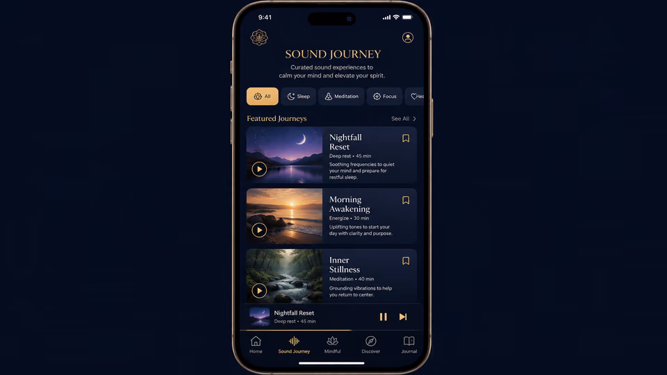 SoulFul GLO Sound Journey screen showing sleep and calming audio tracks