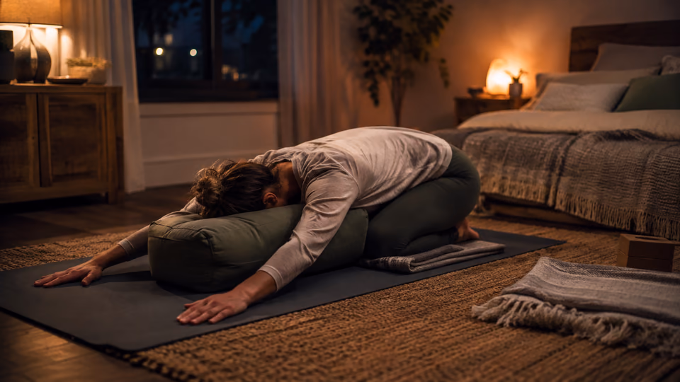Person relaxing in a cozy restorative yoga pose for sleep in a warmly lit bedroom