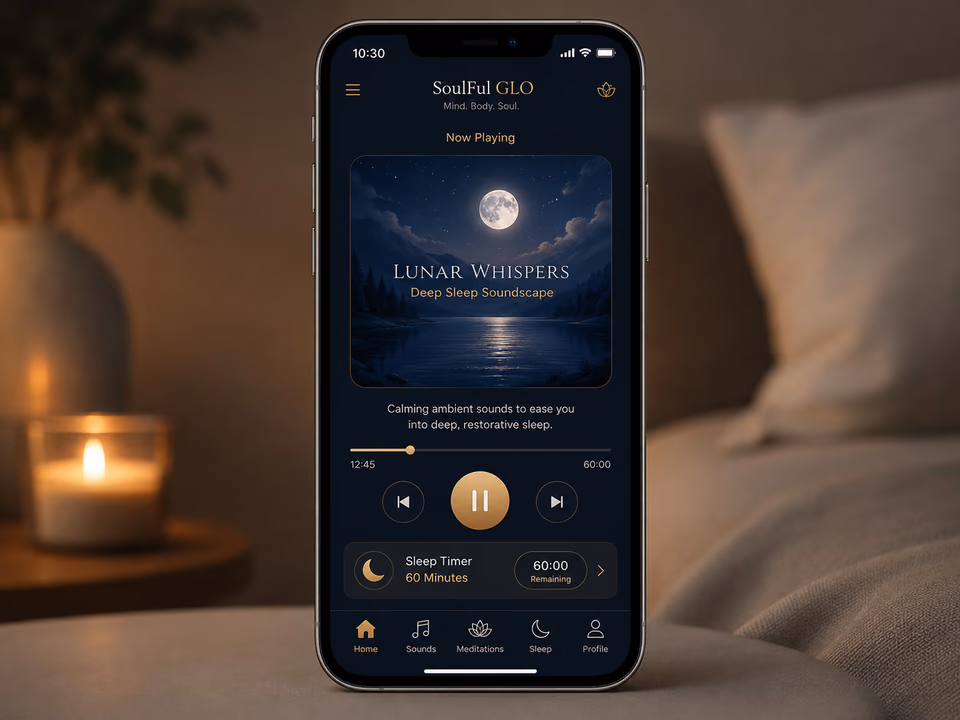 SoulFul GLO app interface showing a sleep soundscape with a bedtime timer set