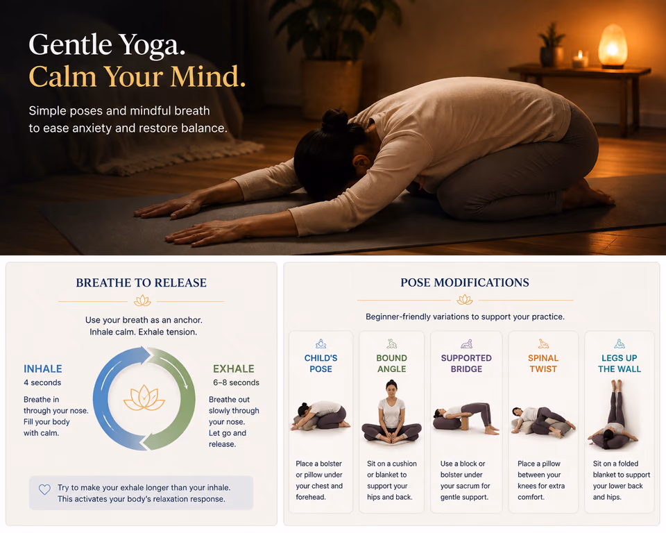 Person in Child's Pose in soft light, practicing gentle yoga for anxiety at home