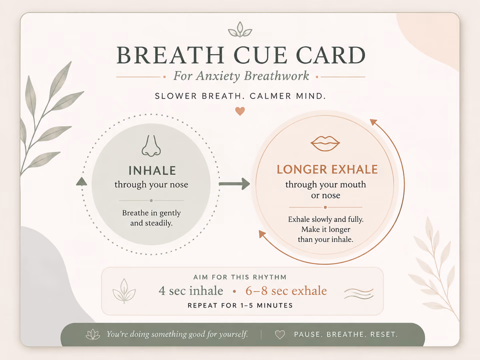 Breath cue callouts showing inhale and longer exhale for breathwork for anxiety