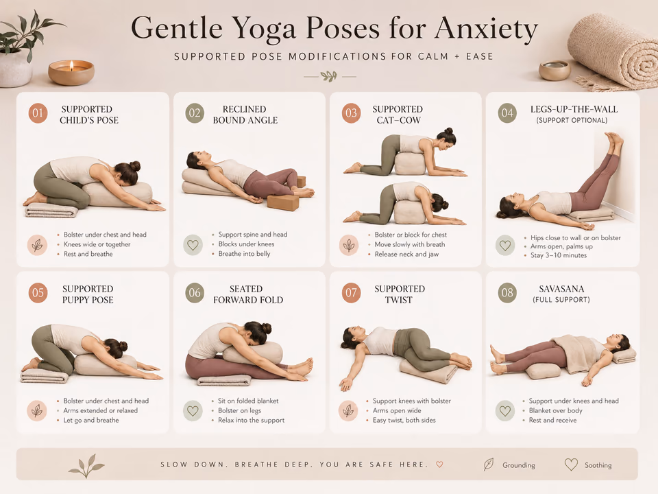 Modification cards for beginner yoga for anxiety showing supported variations of each pose