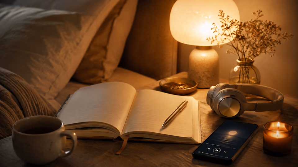 Notebook and pen beside a warm bedside light for journal prompts before bed and a calming sleep ritual