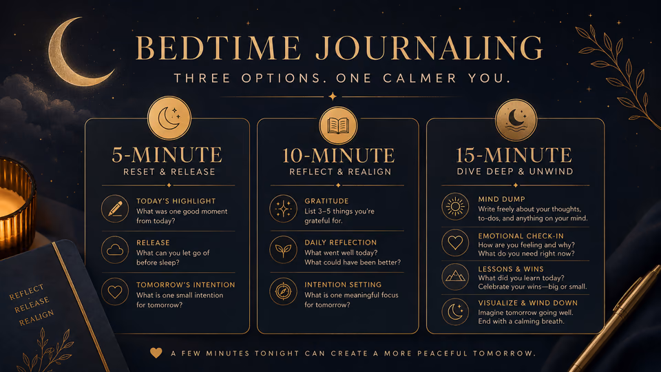 Simple bedtime journaling routine with sound journey pairing for sleep
