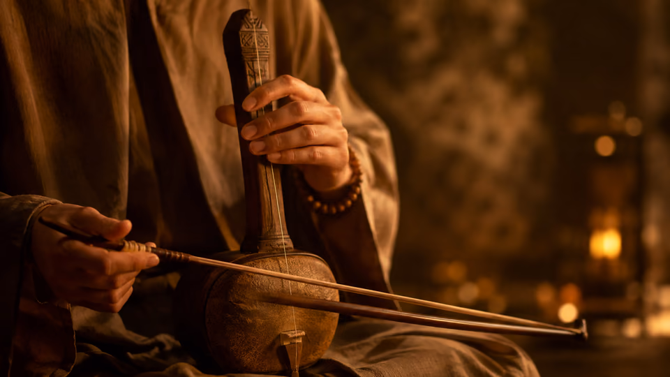 A musician playing a traditional bowed string instrument in warm lantern light