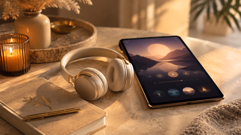 SoulFul GLO sound journey app paired with headphones and journaling after meditation
