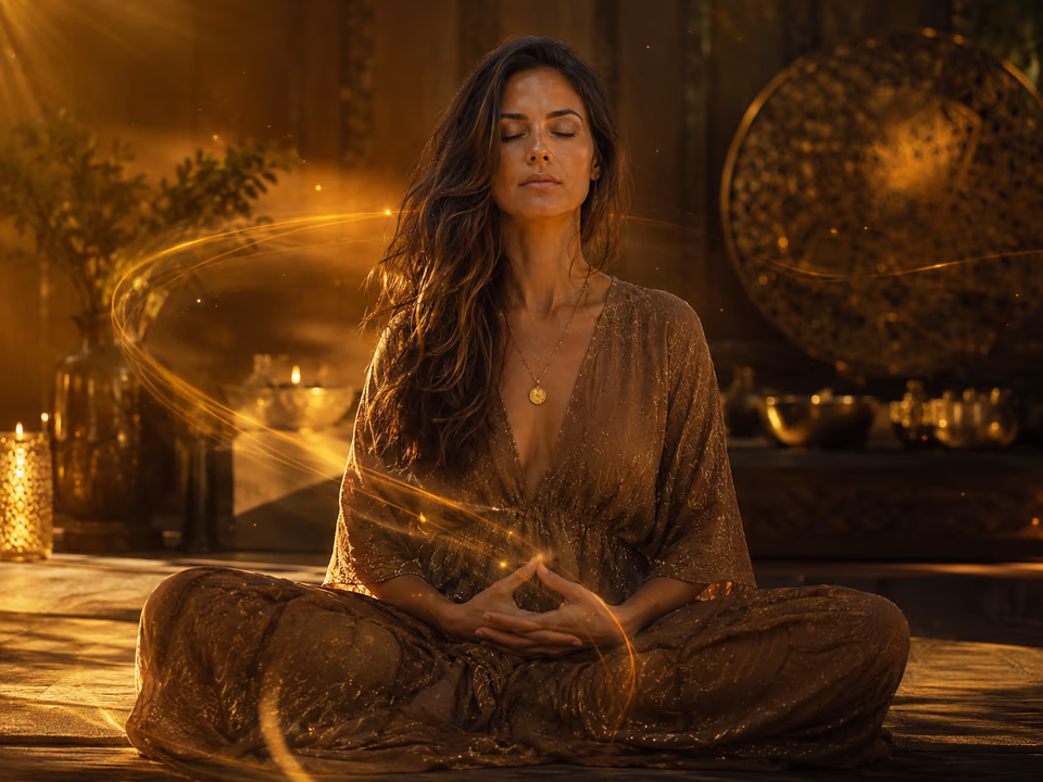 Woman practicing manifestation meditation with golden light, calm energy, and SoulFul GLO sound journey atmosphere