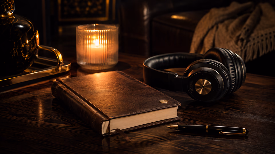 Journaling after meditation for burnout with headphones and calming evening light
