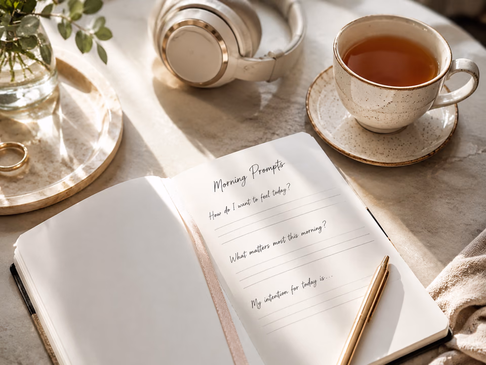 Morning journaling prompts with tea and headphones for a calm self care routine