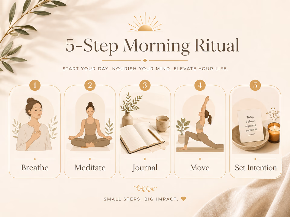 Five step morning ritual with breathe, meditate, journal, move, and set intention