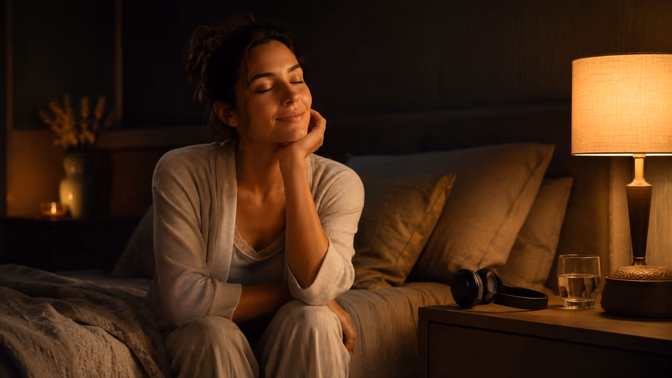 Woman sitting peacefully on a bed during a calm nighttime meditation