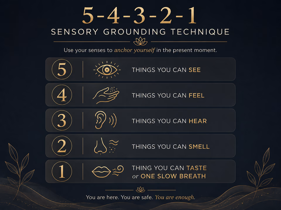 Five four three two one sensory grounding technique for anxiety and present moment awareness