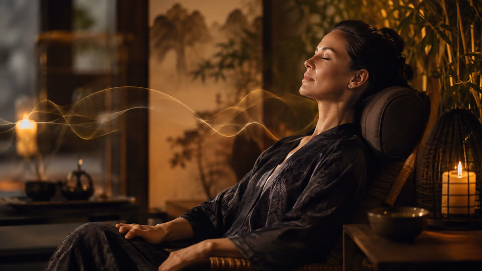 Woman experiencing SoulFul GLO sound journey meditation for calm and inner balance