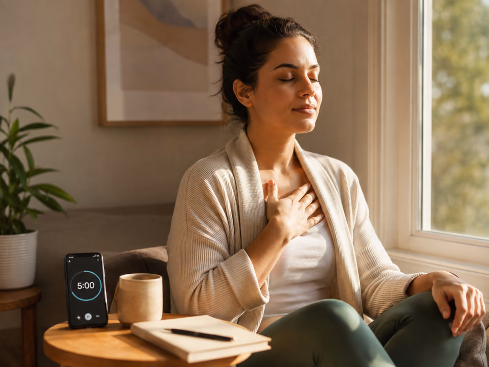 Woman practicing a 5 minute meditation for anxiety with a calm guided audio ritual