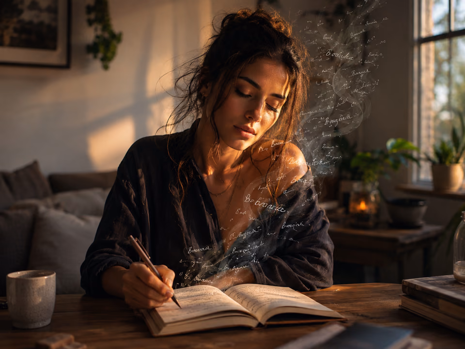 Woman using journaling prompts for anxiety to release anxious thoughts onto the page