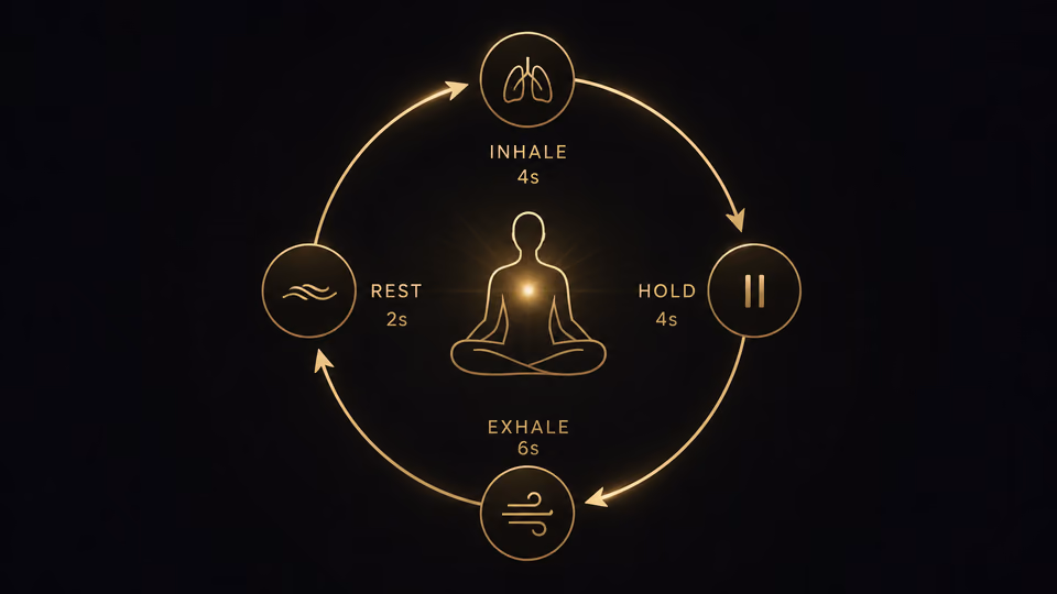 Golden breathing cycle infographic showing inhale, hold, exhale, and rest