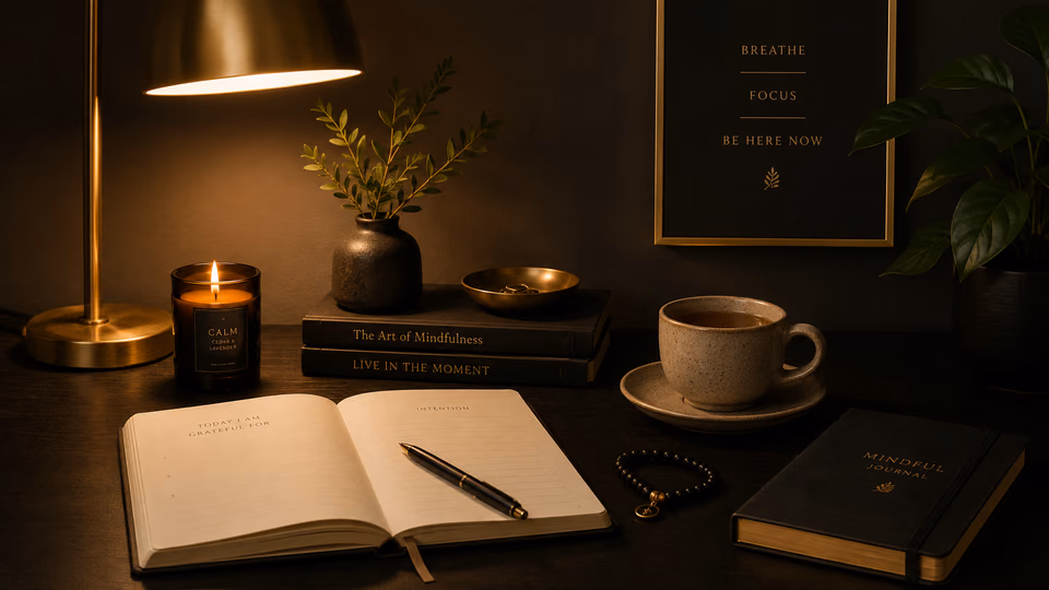 Warm mindful journaling nook with candle, tea, plants, and notebook