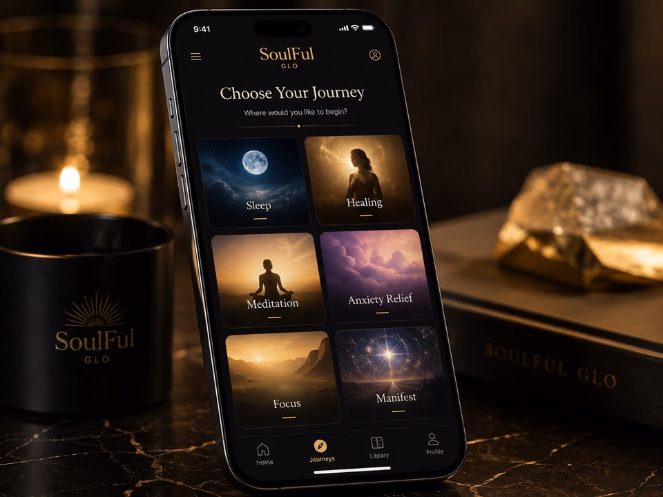 SoulFul GLO sound healing app showing calming sound journeys for sleep, healing, meditation, anxiety relief, focus, and manifestation