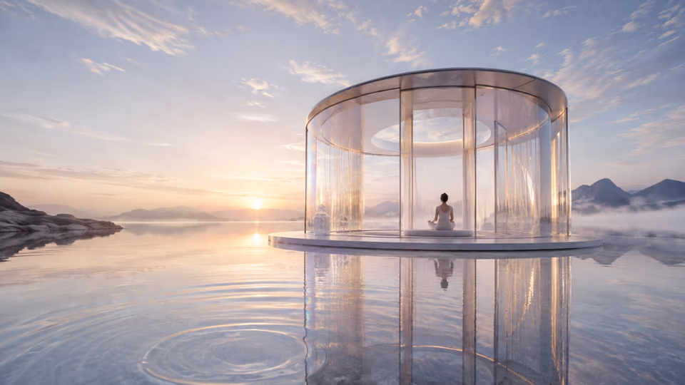 Meditating figure inside a luminous circular glass sanctuary above still water at sunrise