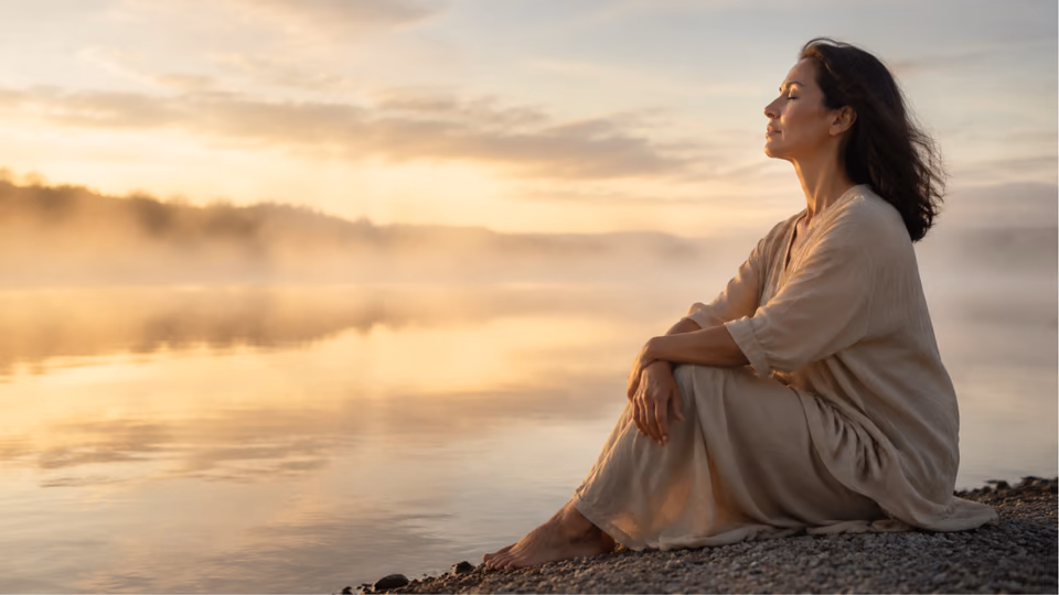 Woman seated peacefully beside a calm lake in warm golden sunrise light