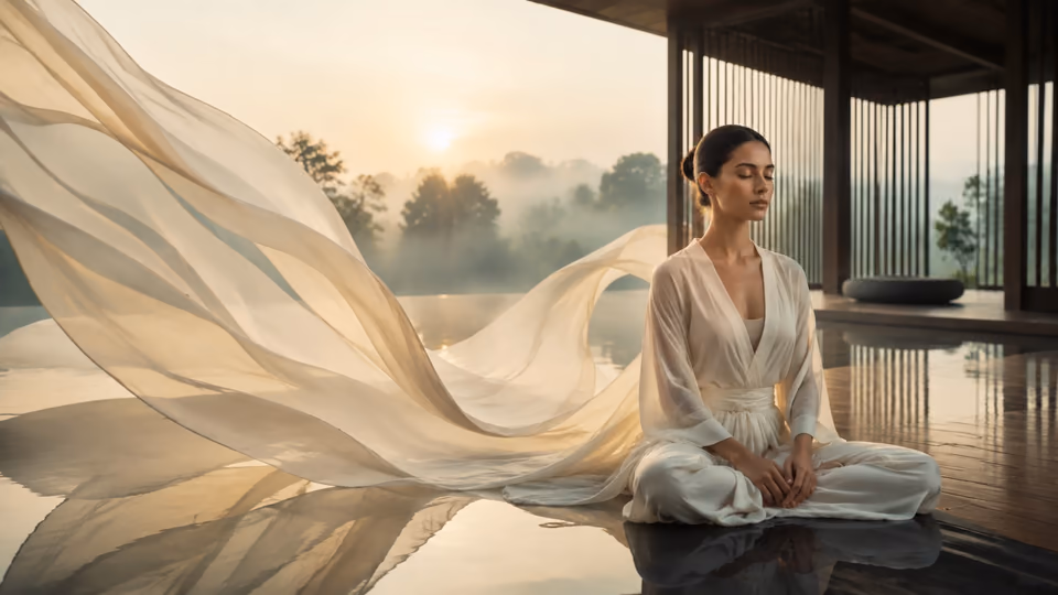 Woman meditating beside flowing ivory silk in a serene sunlit sanctuary