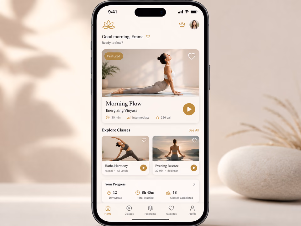 Phone showing a morning yoga flow wellness app screen