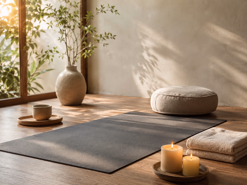 Sunlit minimalist yoga mat with candles, tea, and plants