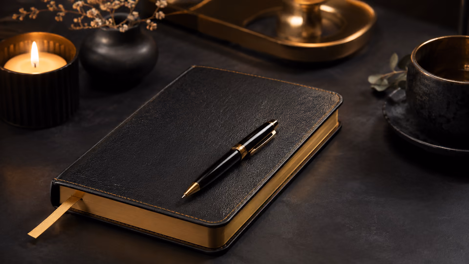Black golden-rimmed journal with a pen beside candlelight and tea