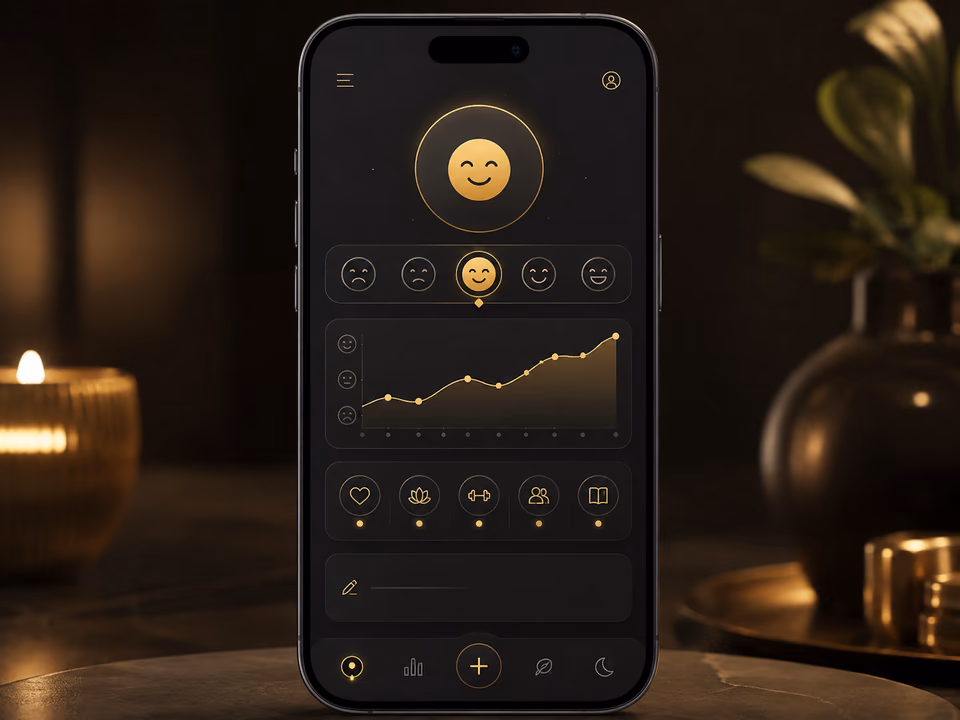Phone showing a mood and journal progress screen in warm candlelight
