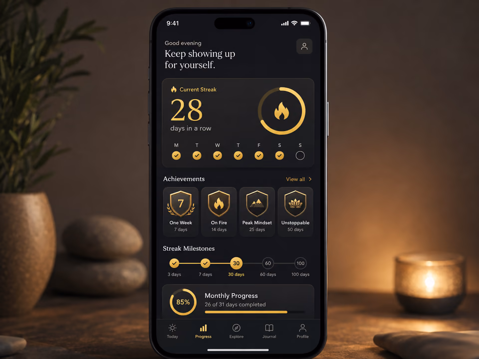 Phone showing a wellness streak and achievement screen beside candlelight