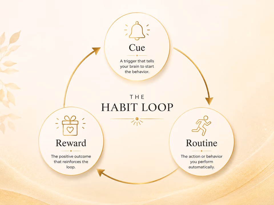 Habit loop infographic showing cue, routine, and reward