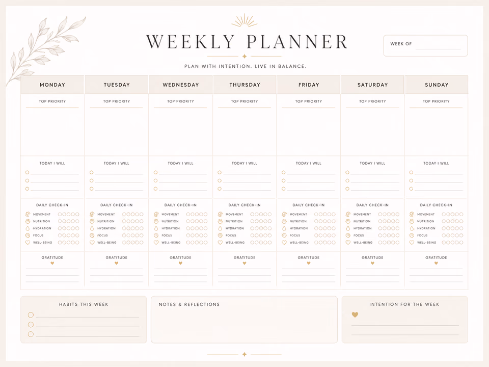 Minimal weekly wellness planner template