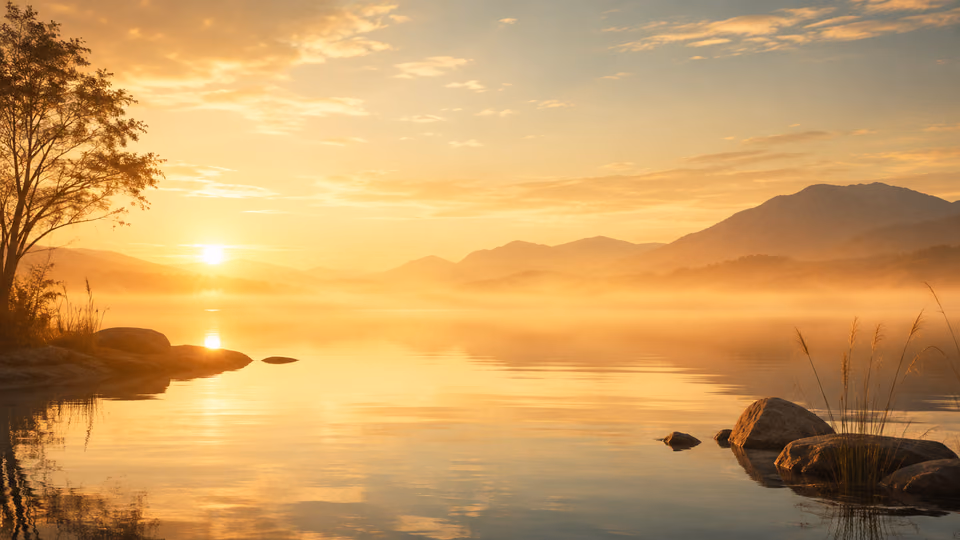 Golden sunrise over a peaceful lake and mountains