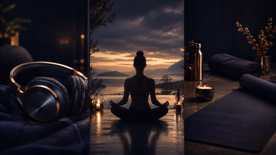 Collage of headphones, meditation, and a yoga mat in candlelit stillness