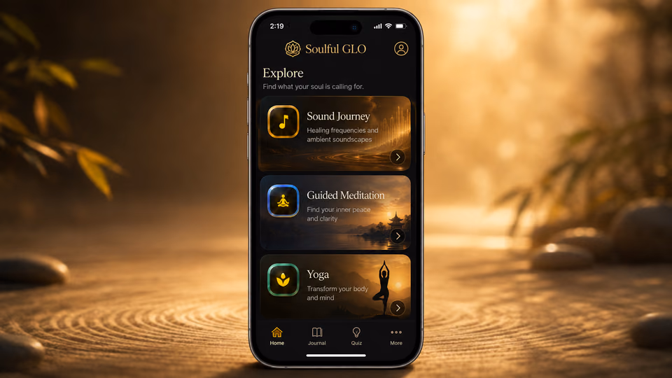 SoulFul GLO app explore screen showing sound journey, meditation, and yoga categories