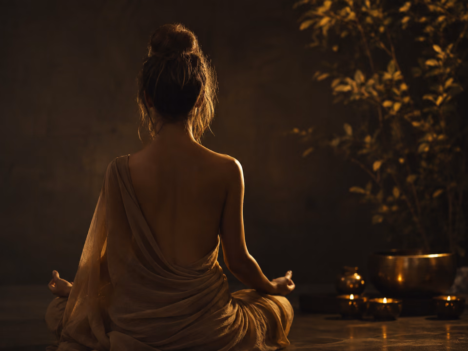 Person seated in candlelit meditation beside warm plants and bowls