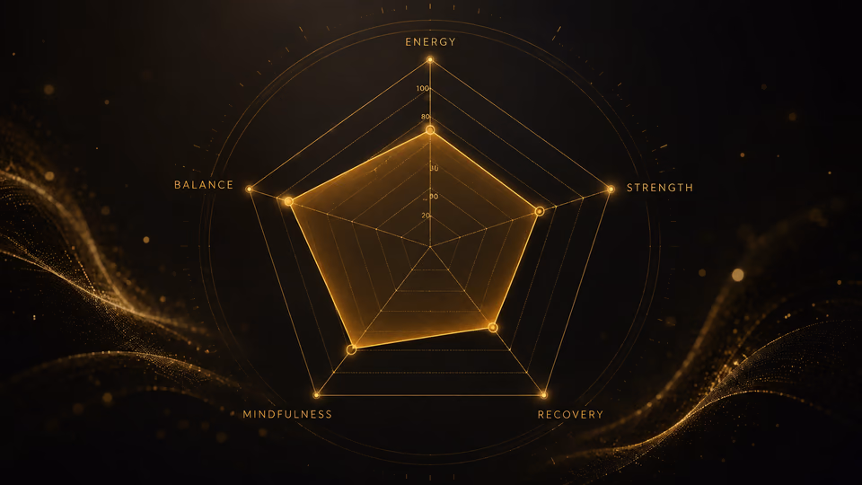 Golden radar chart showing energy, strength, recovery, mindfulness, and balance