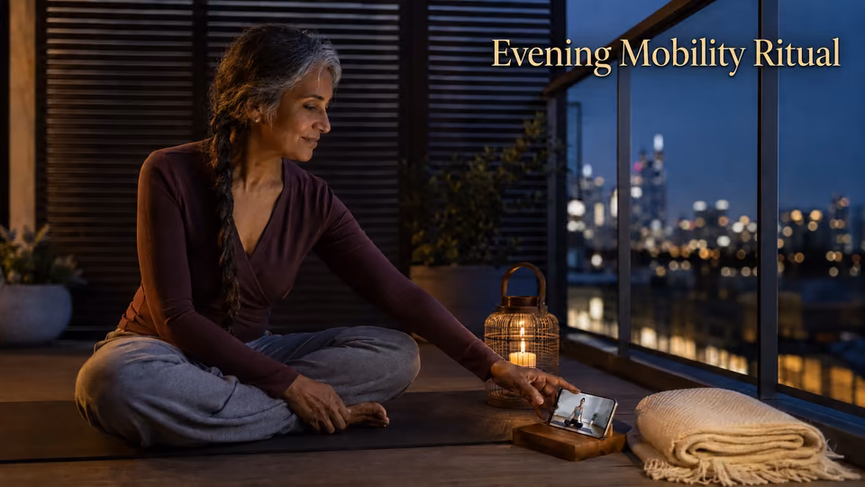 Woman preparing for a gentle evening hip mobility yoga class beside a candle and phone