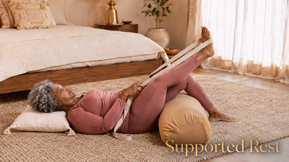 Woman using a strap, bolster, and pillow for supported rest after a hip mobility flow