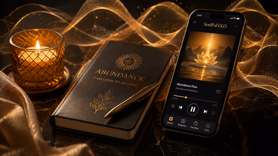 Manifestation app with an abundance meditation sound journey beside an intention journal