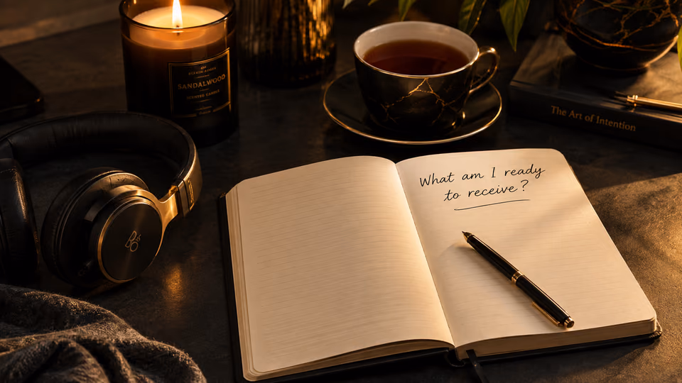 Manifestation journal open to the prompt What am I ready to receive beside headphones, tea, and candlelight