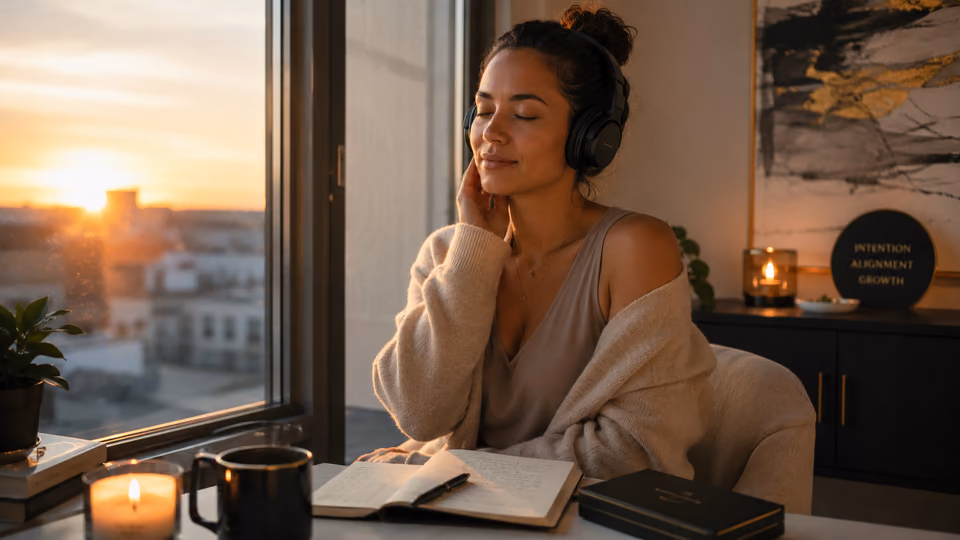 Woman listening to a morning manifestation meditation and journaling at sunrise