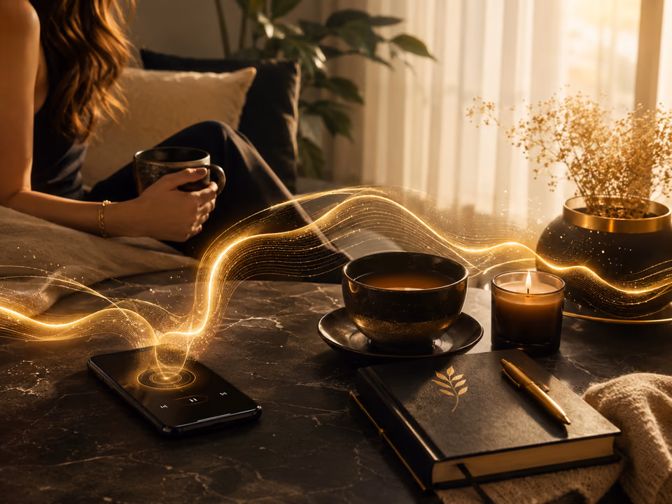 A peaceful morning abundance ritual with tea, candle, journal, phone, and flowing golden sound waves