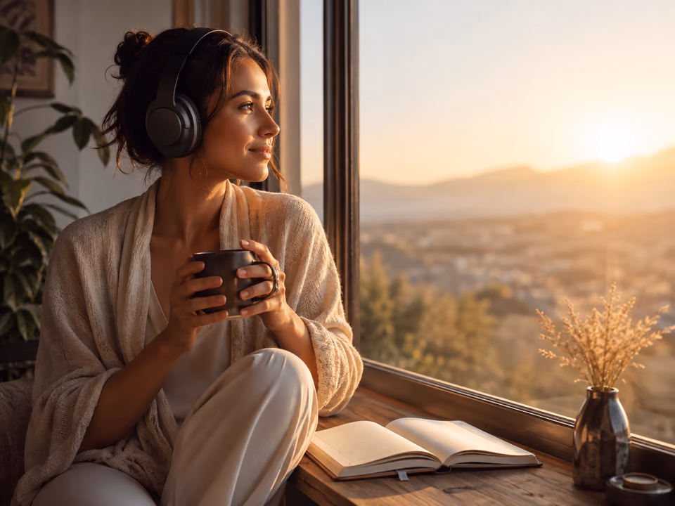 Woman listening to a morning manifestation meditation beside a journal in warm sunrise light