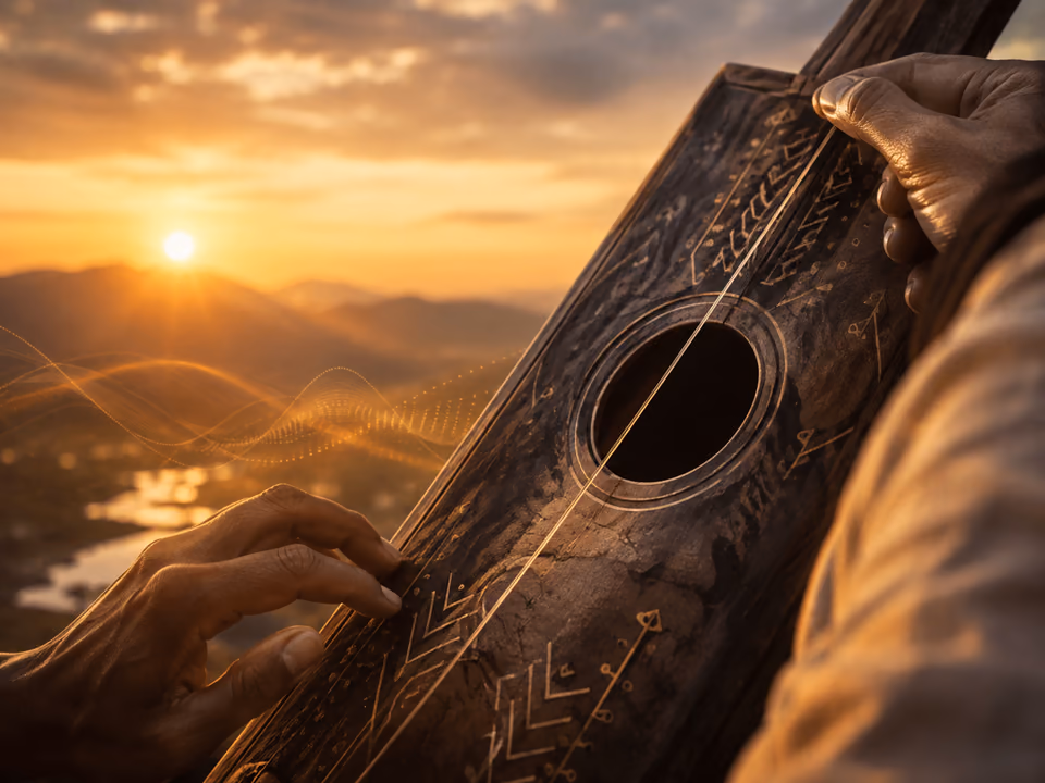 Peña-inspired one-string instrument played at sunrise with gentle golden sound waves